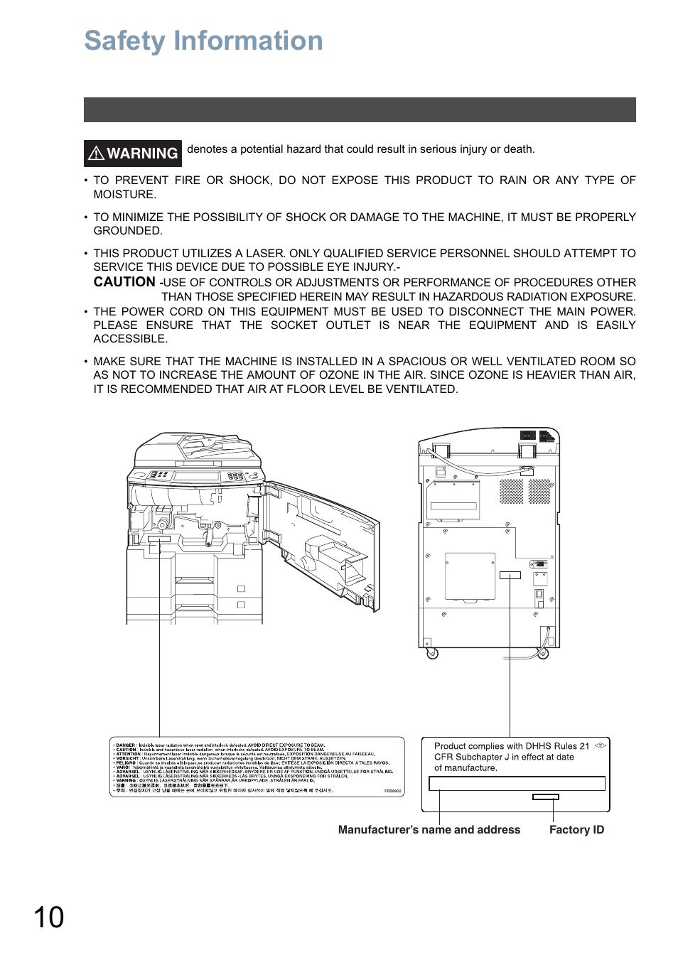 Getting to know your machine, Safety information | Panasonic DP-6010 User Manual | Page 10 / 228