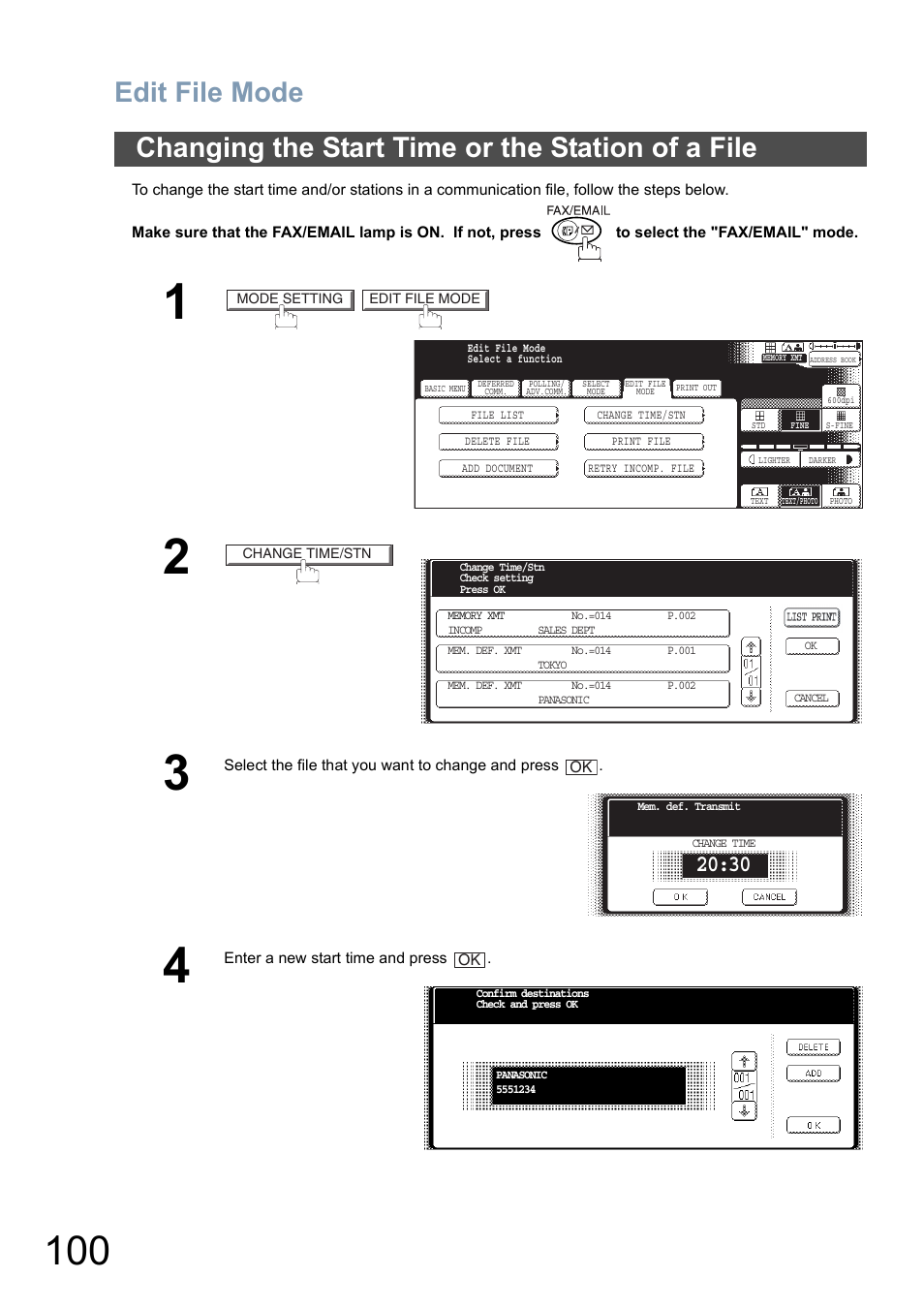 Changing the start time or the station of a file, Edit file mode | Panasonic DP-6010 User Manual | Page 100 / 228