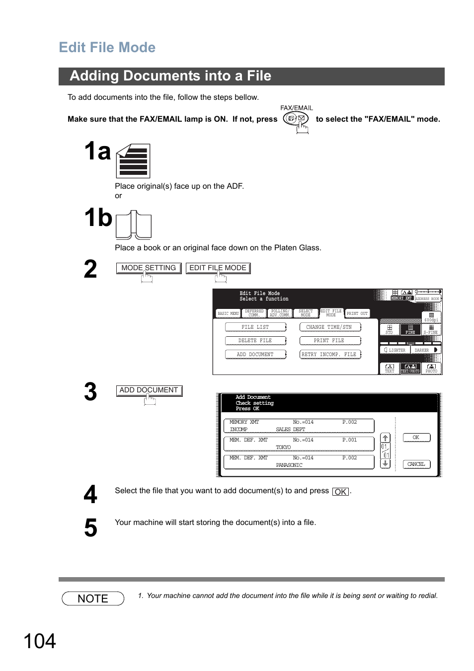 Adding documents into a file, Edit file mode | Panasonic DP-6010 User Manual | Page 104 / 228