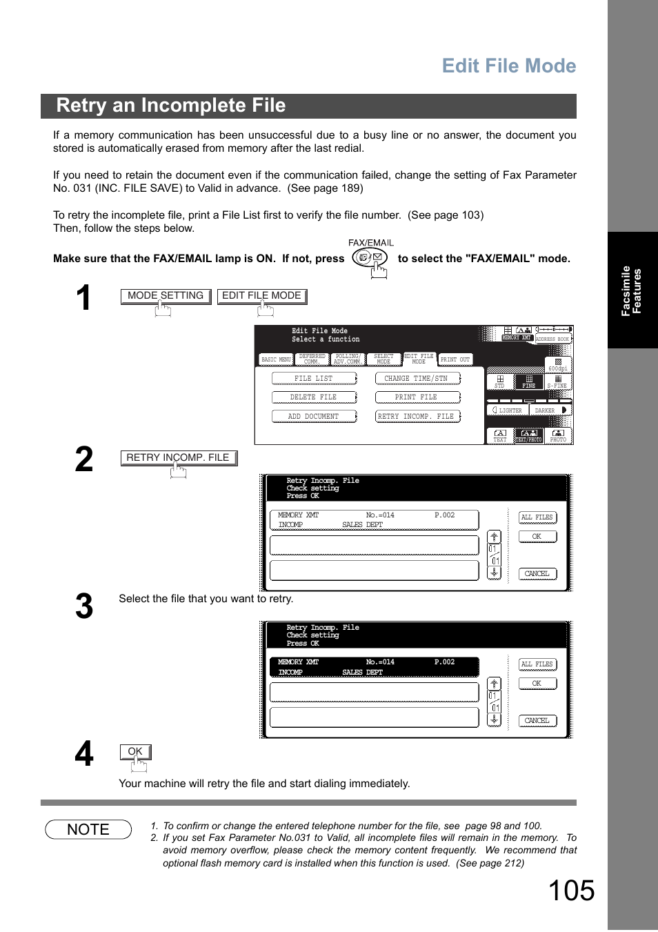 Retry an incomplete file, Edit file mode | Panasonic DP-6010 User Manual | Page 105 / 228