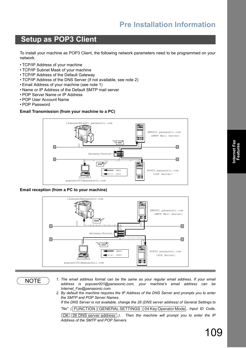 Setup as pop3 client, Pre installation information | Panasonic DP-6010 User Manual | Page 109 / 228