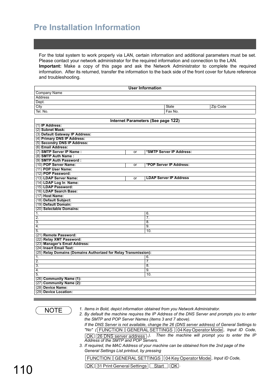 110, r, Pre installation information | Panasonic DP-6010 User Manual | Page 110 / 228