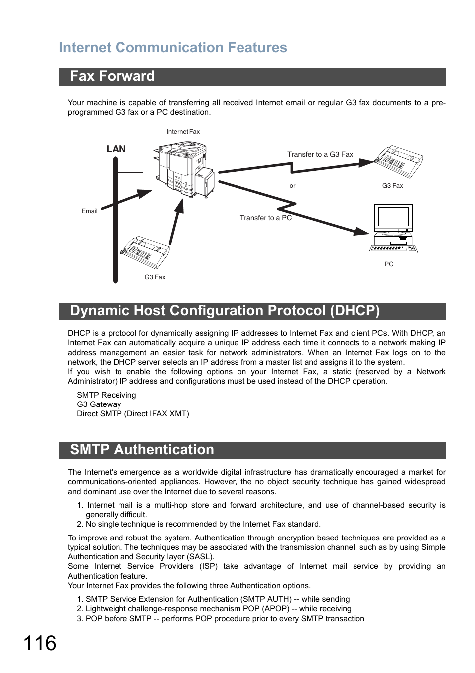 Fax forward, Dynamic host configuration protocol (dhcp), Smtp authentication | Internet communication features | Panasonic DP-6010 User Manual | Page 116 / 228