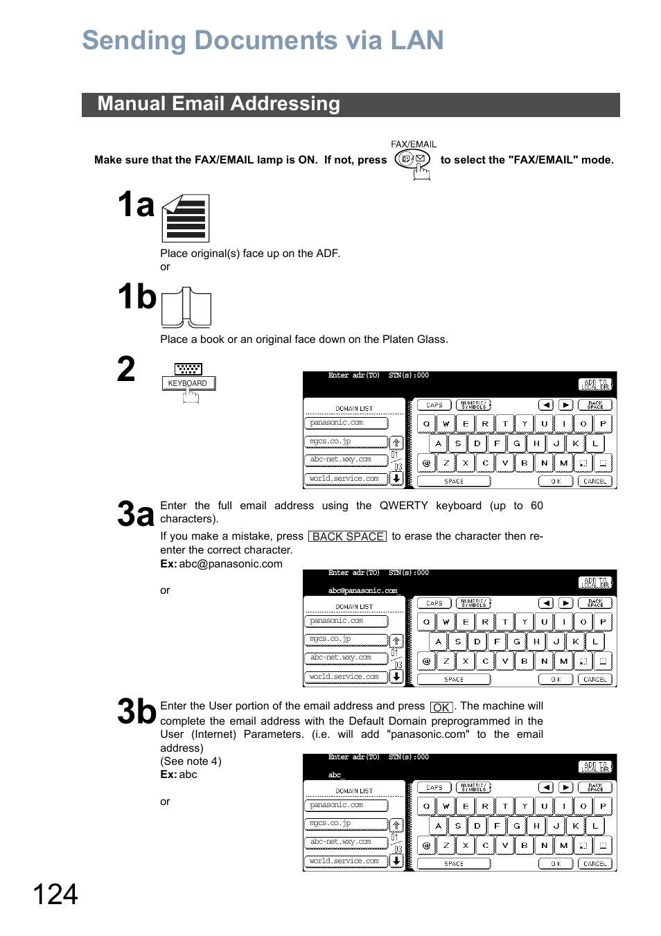 Sending documents via lan, Manual email addressing | Panasonic DP-6010 User Manual | Page 124 / 228