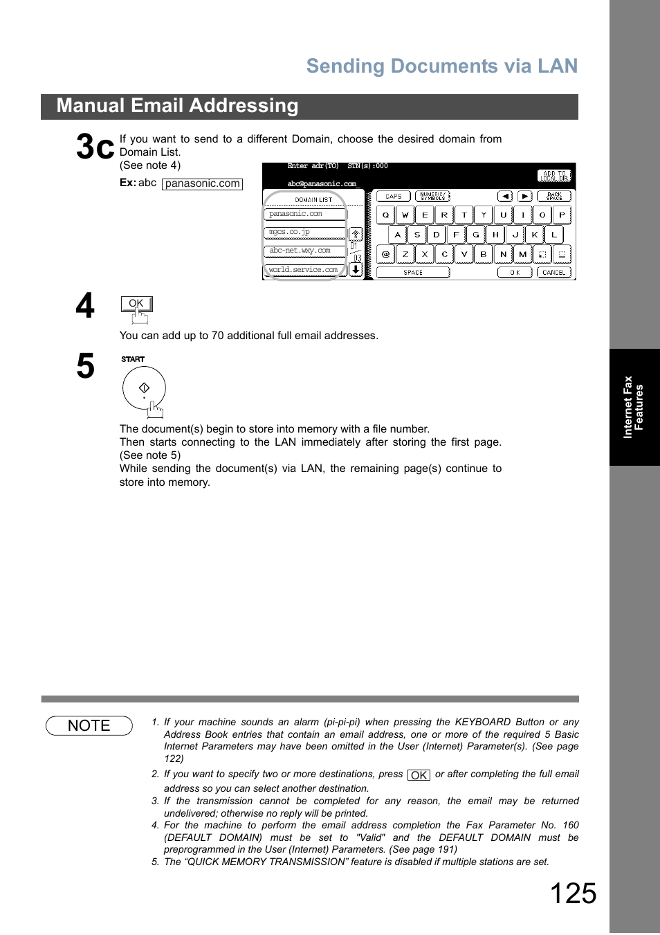 Sending documents via lan, Manual email addressing | Panasonic DP-6010 User Manual | Page 125 / 228