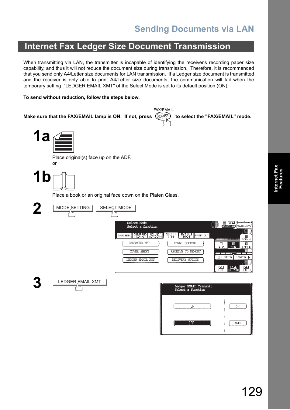 Internet fax ledger size document transmission, Sending documents via lan | Panasonic DP-6010 User Manual | Page 129 / 228