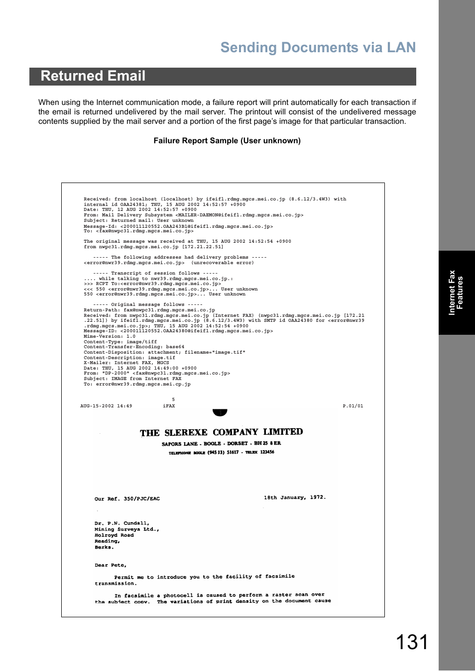 Returned email, Sending documents via lan | Panasonic DP-6010 User Manual | Page 131 / 228