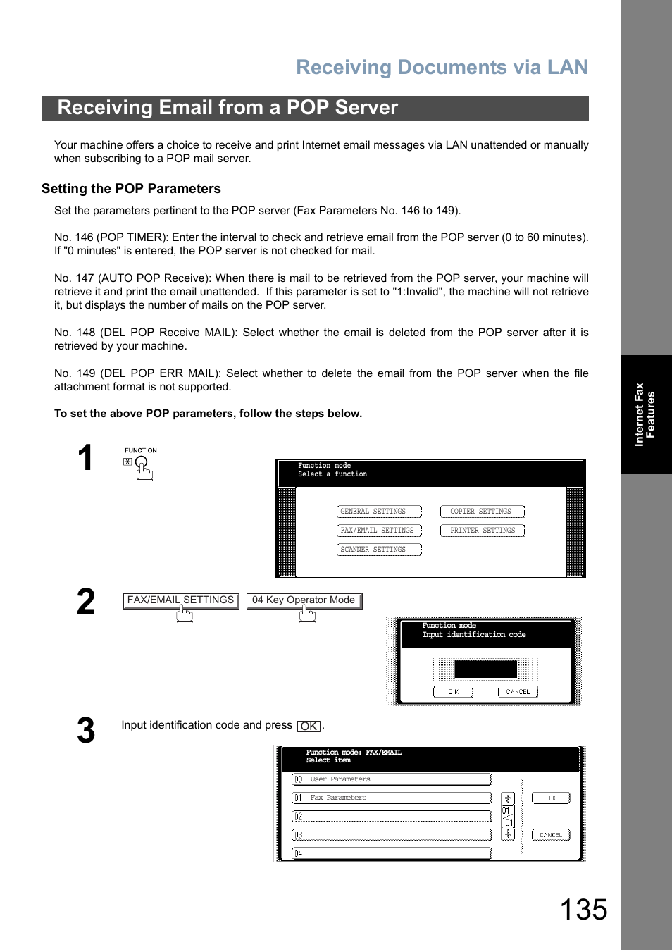 Receiving email from a pop server, Receiving documents via lan | Panasonic DP-6010 User Manual | Page 135 / 228