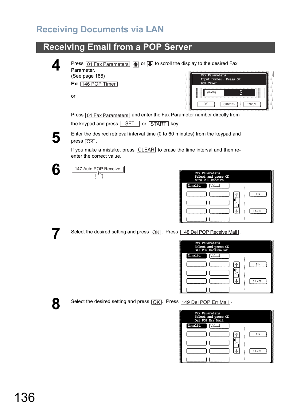 Receiving documents via lan, Receiving email from a pop server | Panasonic DP-6010 User Manual | Page 136 / 228