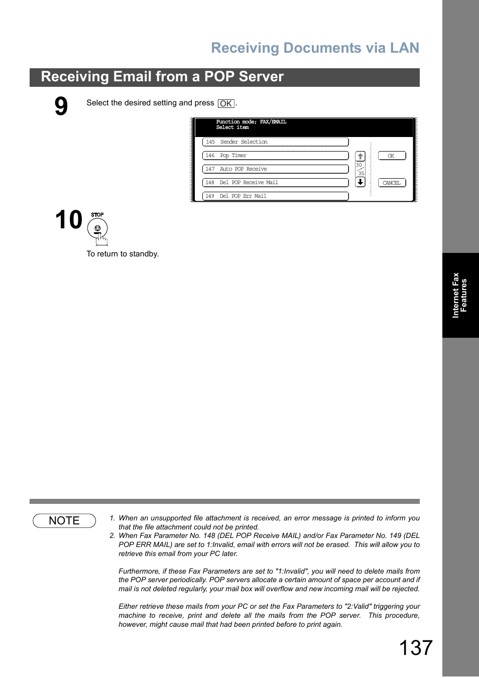 Receiving documents via lan, Receiving email from a pop server | Panasonic DP-6010 User Manual | Page 137 / 228