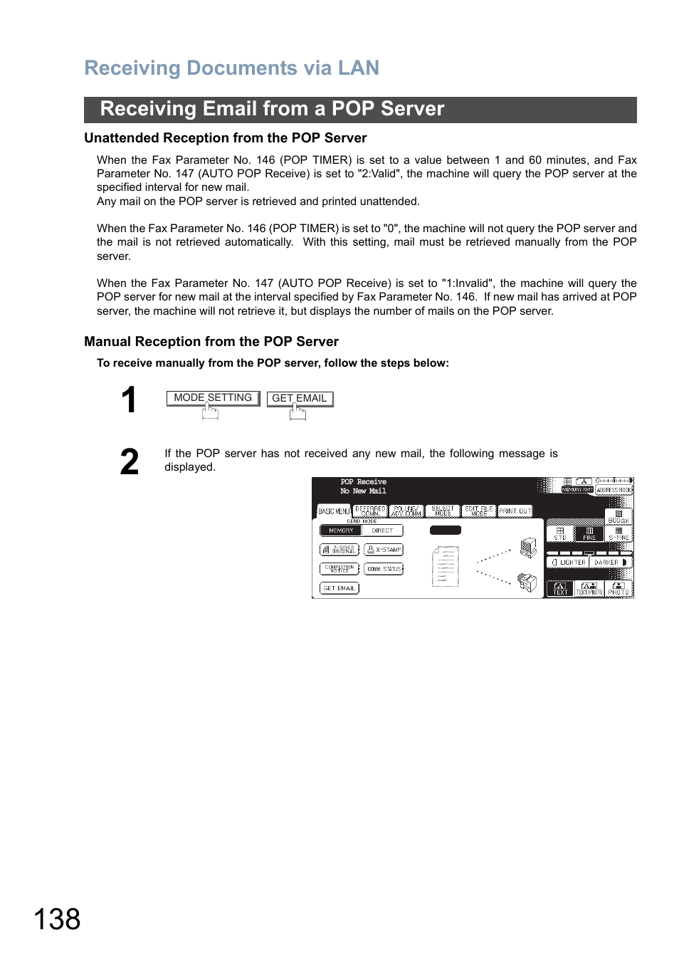 Receiving documents via lan, Receiving email from a pop server | Panasonic DP-6010 User Manual | Page 138 / 228