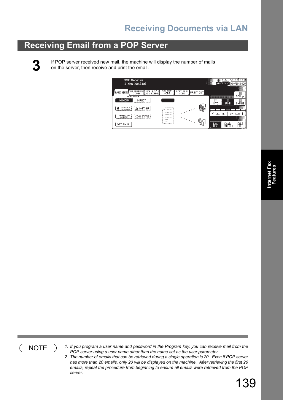 Receiving documents via lan, Receiving email from a pop server | Panasonic DP-6010 User Manual | Page 139 / 228