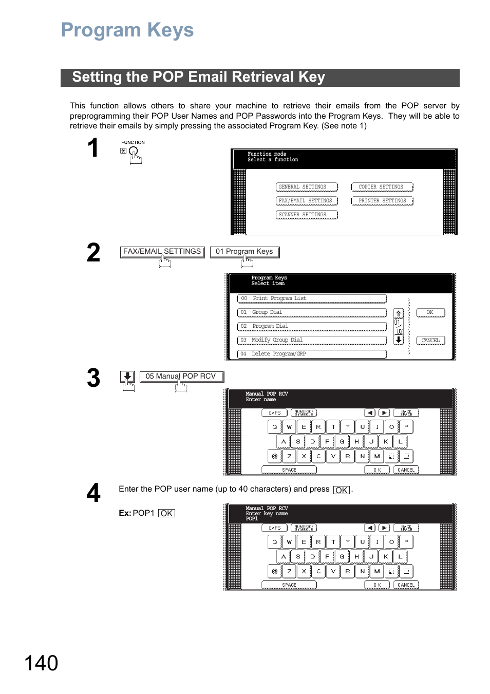 Program keys, Setting the pop email retrieval key | Panasonic DP-6010 User Manual | Page 140 / 228
