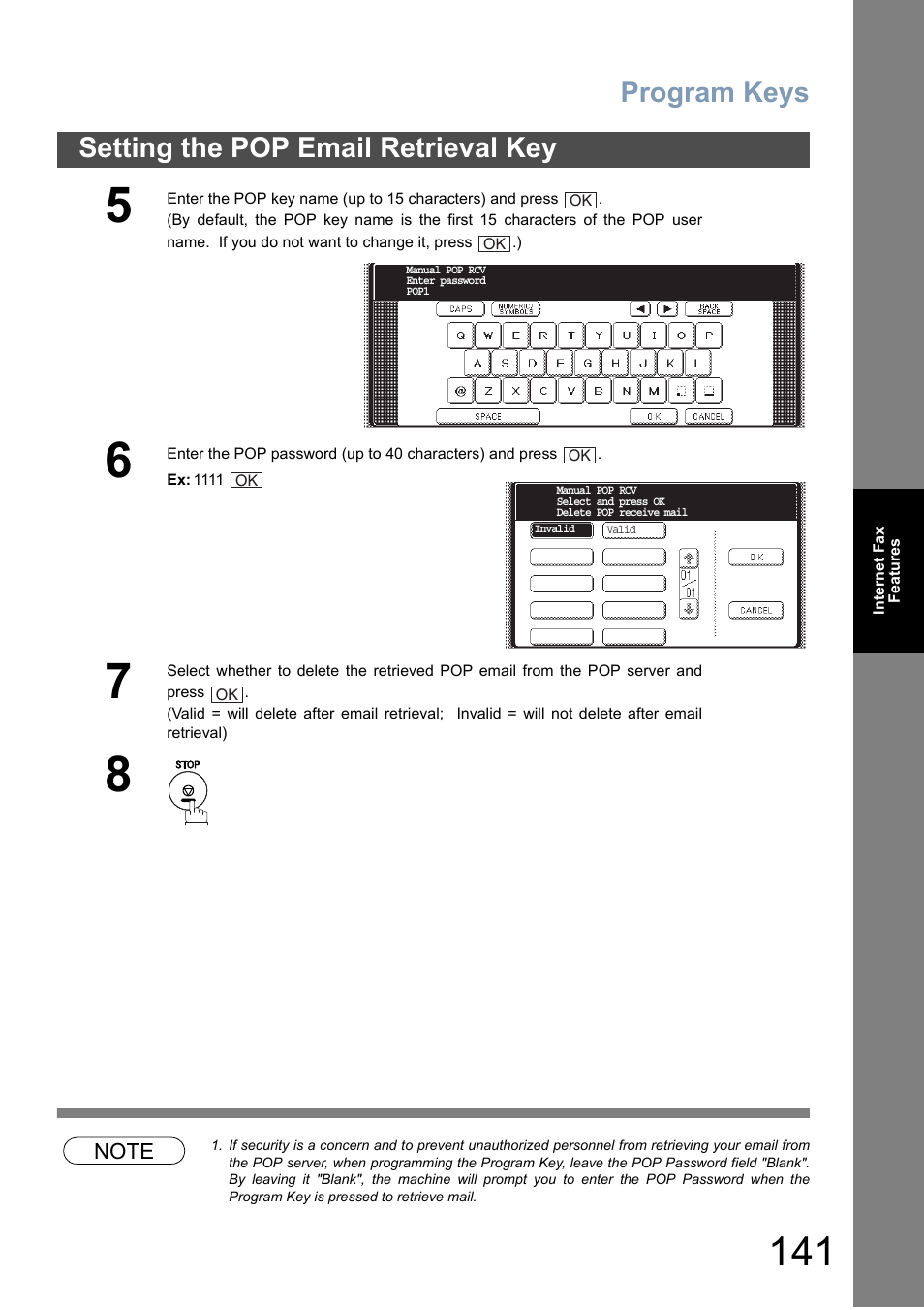 Program keys, Setting the pop email retrieval key | Panasonic DP-6010 User Manual | Page 141 / 228