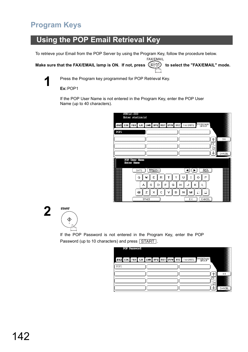 Using the pop email retrieval key, Program keys | Panasonic DP-6010 User Manual | Page 142 / 228