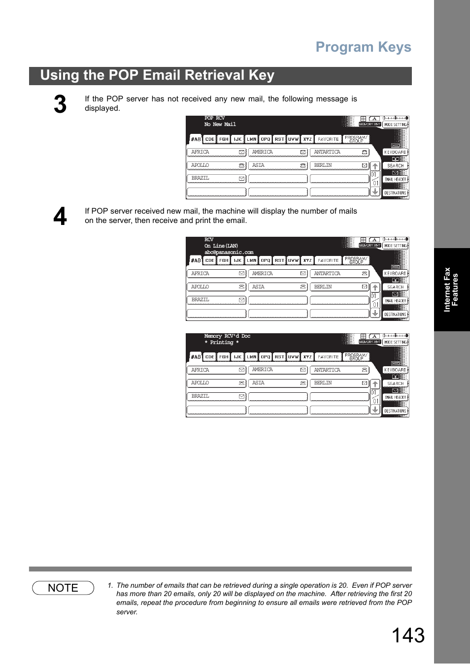 Program keys, Using the pop email retrieval key | Panasonic DP-6010 User Manual | Page 143 / 228