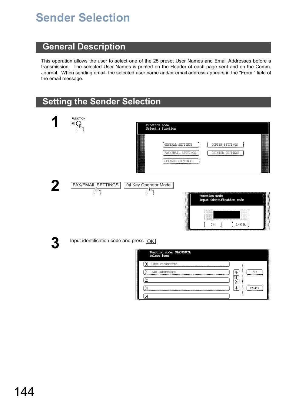 Sender selection, General description, Setting the sender selection | General description setting the sender selection | Panasonic DP-6010 User Manual | Page 144 / 228