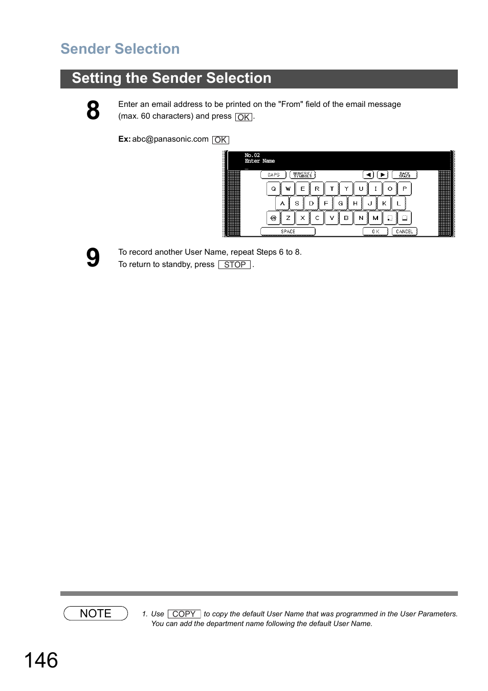 Sender selection, Setting the sender selection | Panasonic DP-6010 User Manual | Page 146 / 228