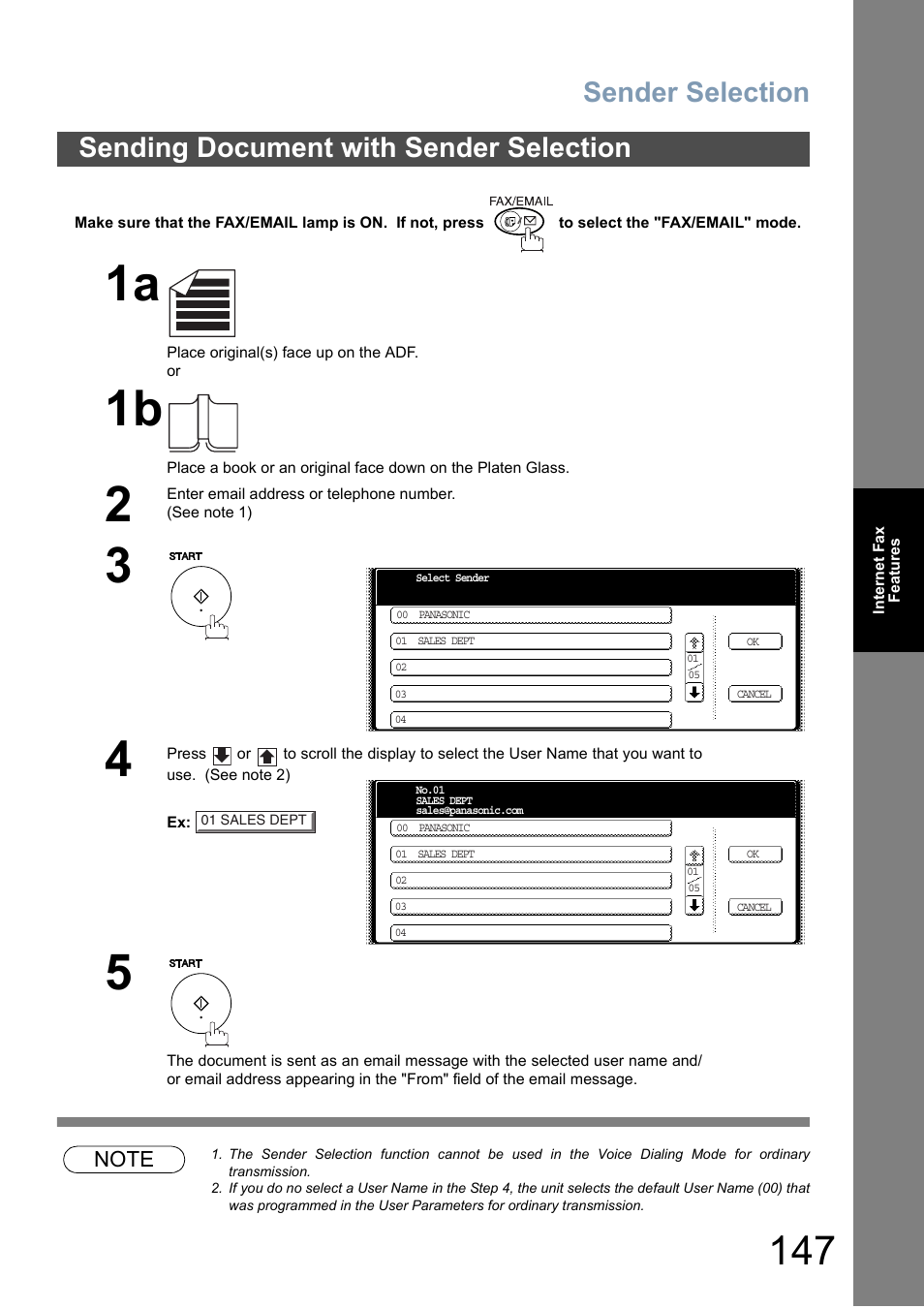 Sending document with sender selection, Sender selection | Panasonic DP-6010 User Manual | Page 147 / 228