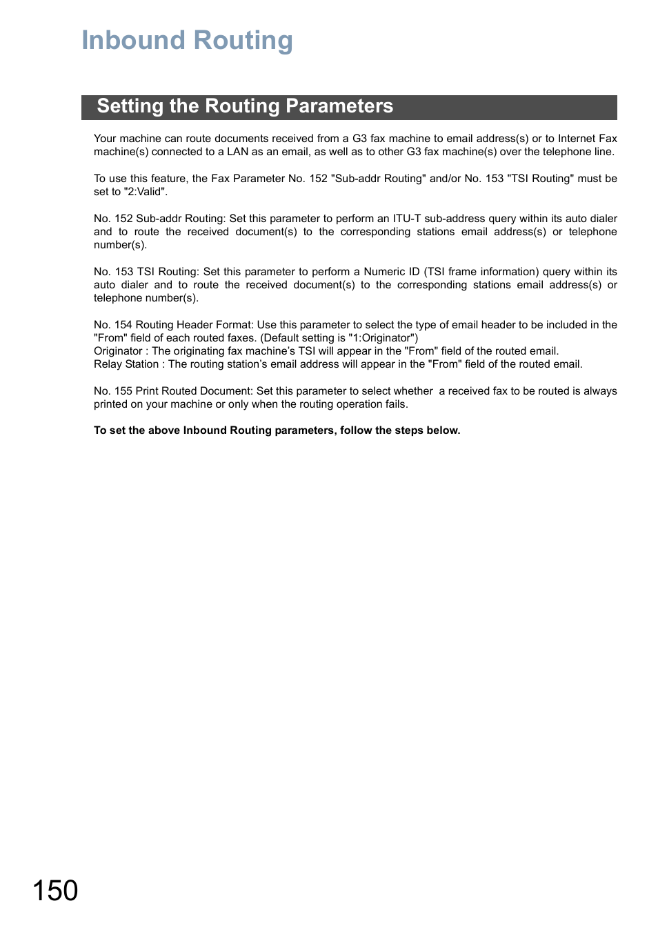 Inbound routing, Setting the routing parameters, Ge 150) | Panasonic DP-6010 User Manual | Page 150 / 228