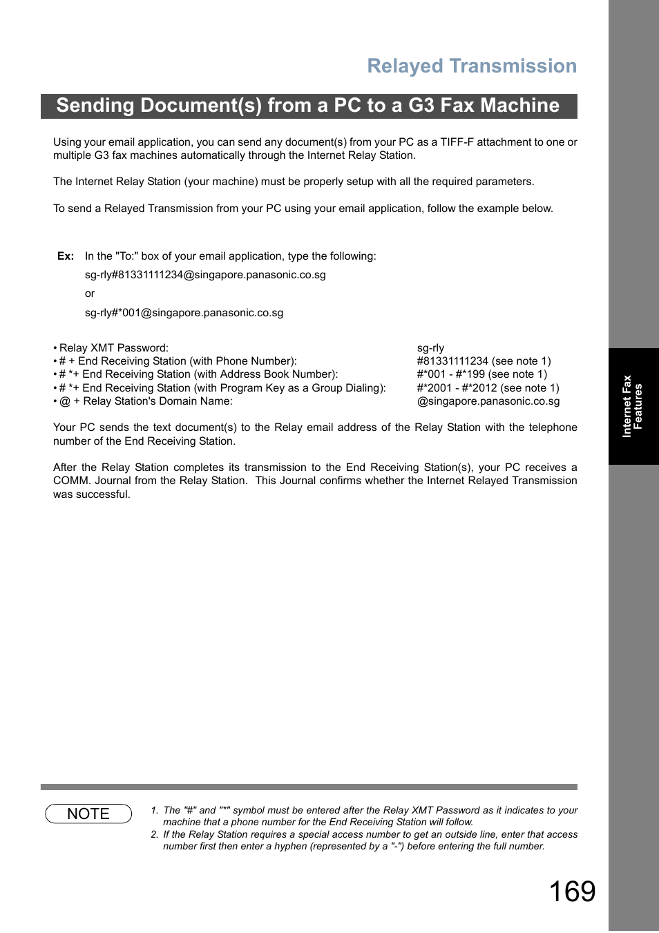 Sending document(s) from a pc to a g3 fax machine, Relayed transmission | Panasonic DP-6010 User Manual | Page 169 / 228