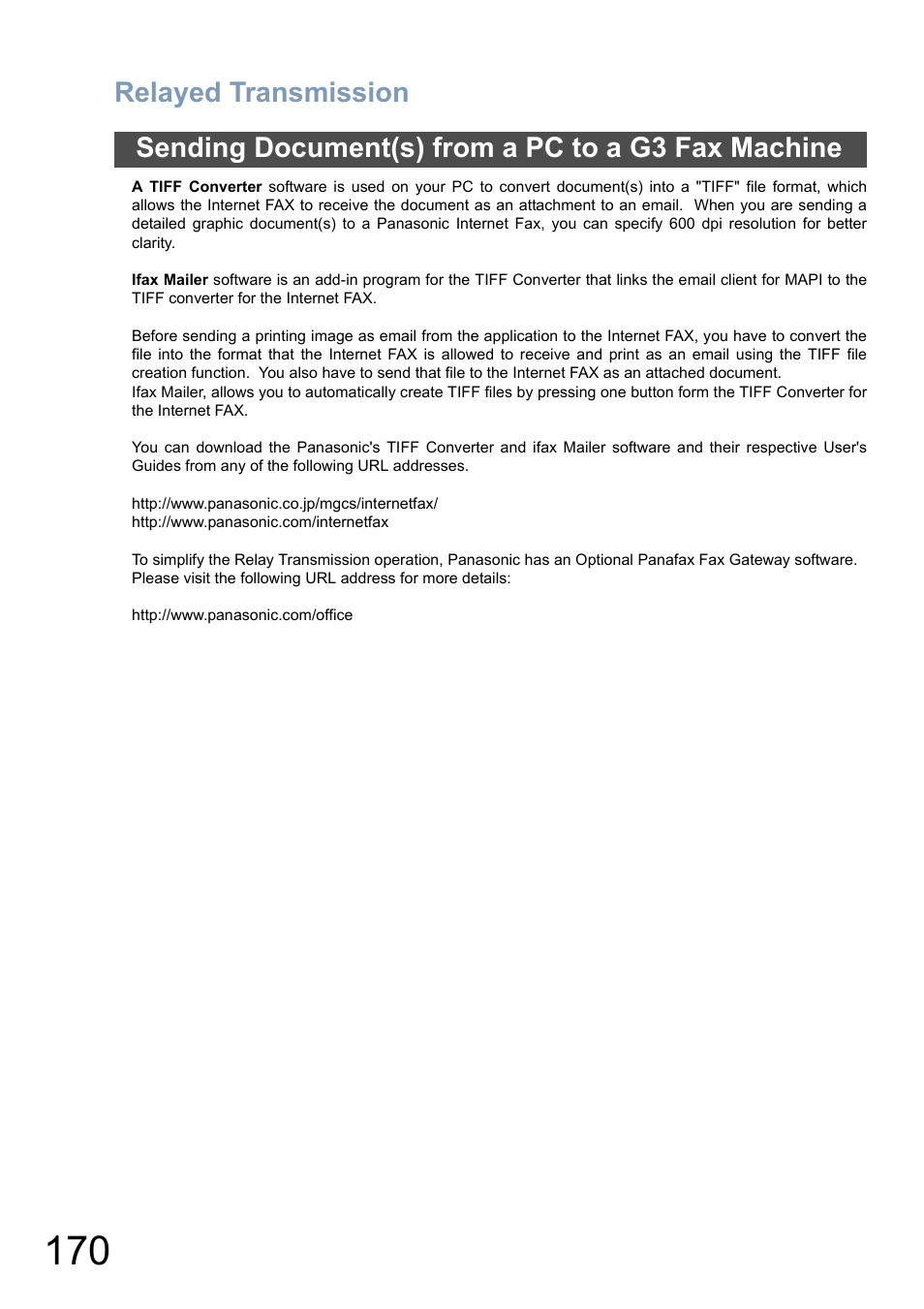 Relayed transmission, Sending document(s) from a pc to a g3 fax machine | Panasonic DP-6010 User Manual | Page 170 / 228