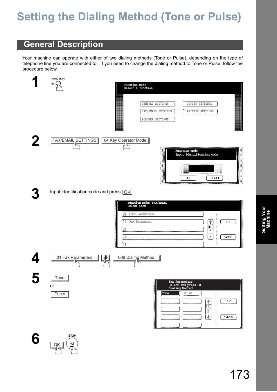 Setting your machine, Setting the dialing method (tone or pulse), General description | Panasonic DP-6010 User Manual | Page 173 / 228