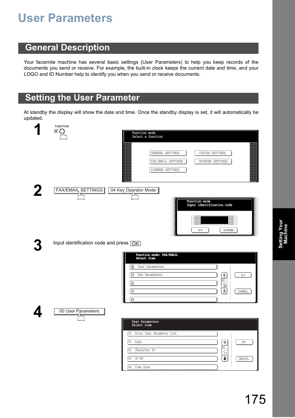 User parameters, General description, Setting the user parameter | General description setting the user parameter | Panasonic DP-6010 User Manual | Page 175 / 228