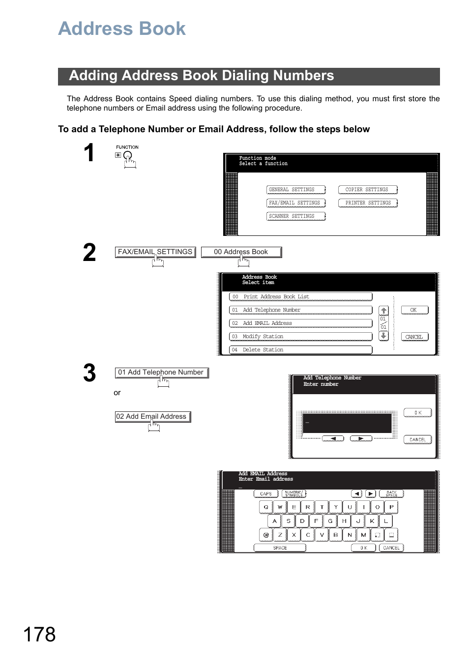 Address book, Adding address book dialing numbers | Panasonic DP-6010 User Manual | Page 178 / 228