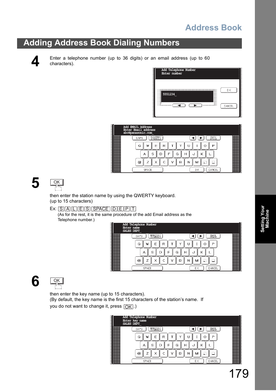 Address book, Adding address book dialing numbers | Panasonic DP-6010 User Manual | Page 179 / 228