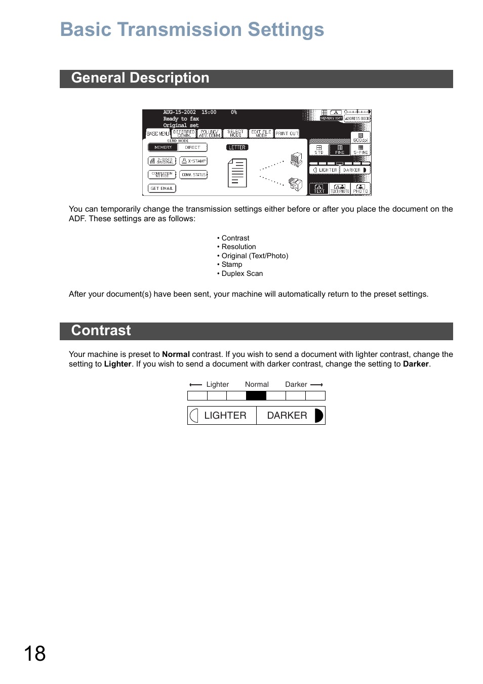 Basic transmission settings, General description, Contrast | Panasonic DP-6010 User Manual | Page 18 / 228