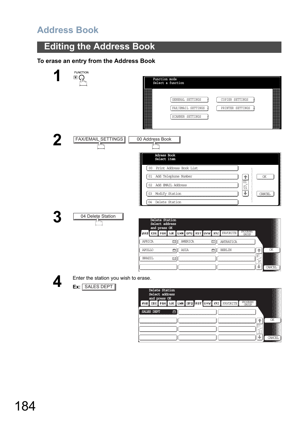 Address book, Editing the address book | Panasonic DP-6010 User Manual | Page 184 / 228