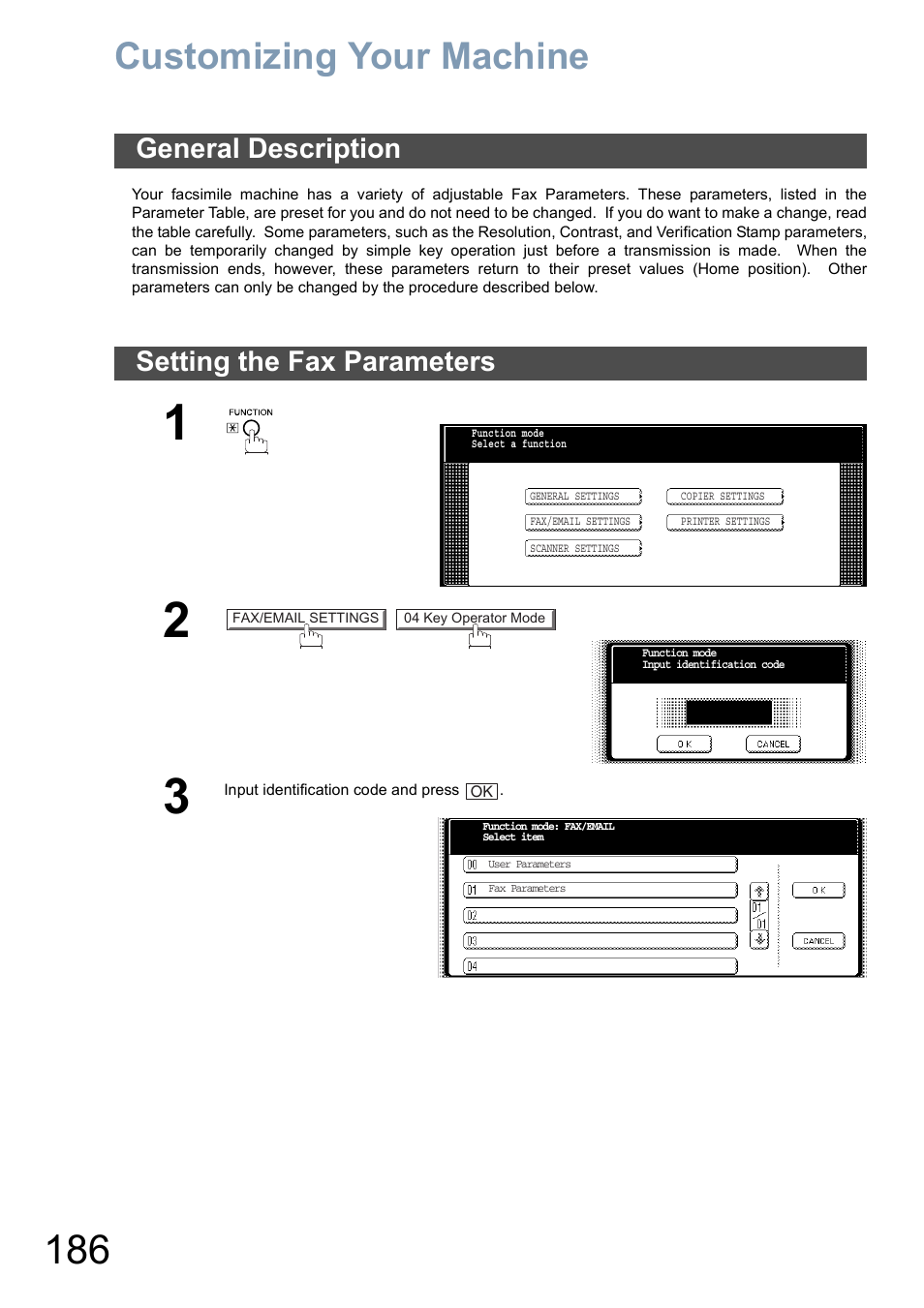 Customizing your machine, General description, Setting the fax parameters | General description setting the fax parameters | Panasonic DP-6010 User Manual | Page 186 / 228