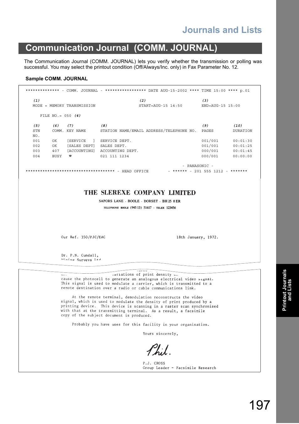 Communication journal (comm. journal), Journals and lists | Panasonic DP-6010 User Manual | Page 197 / 228