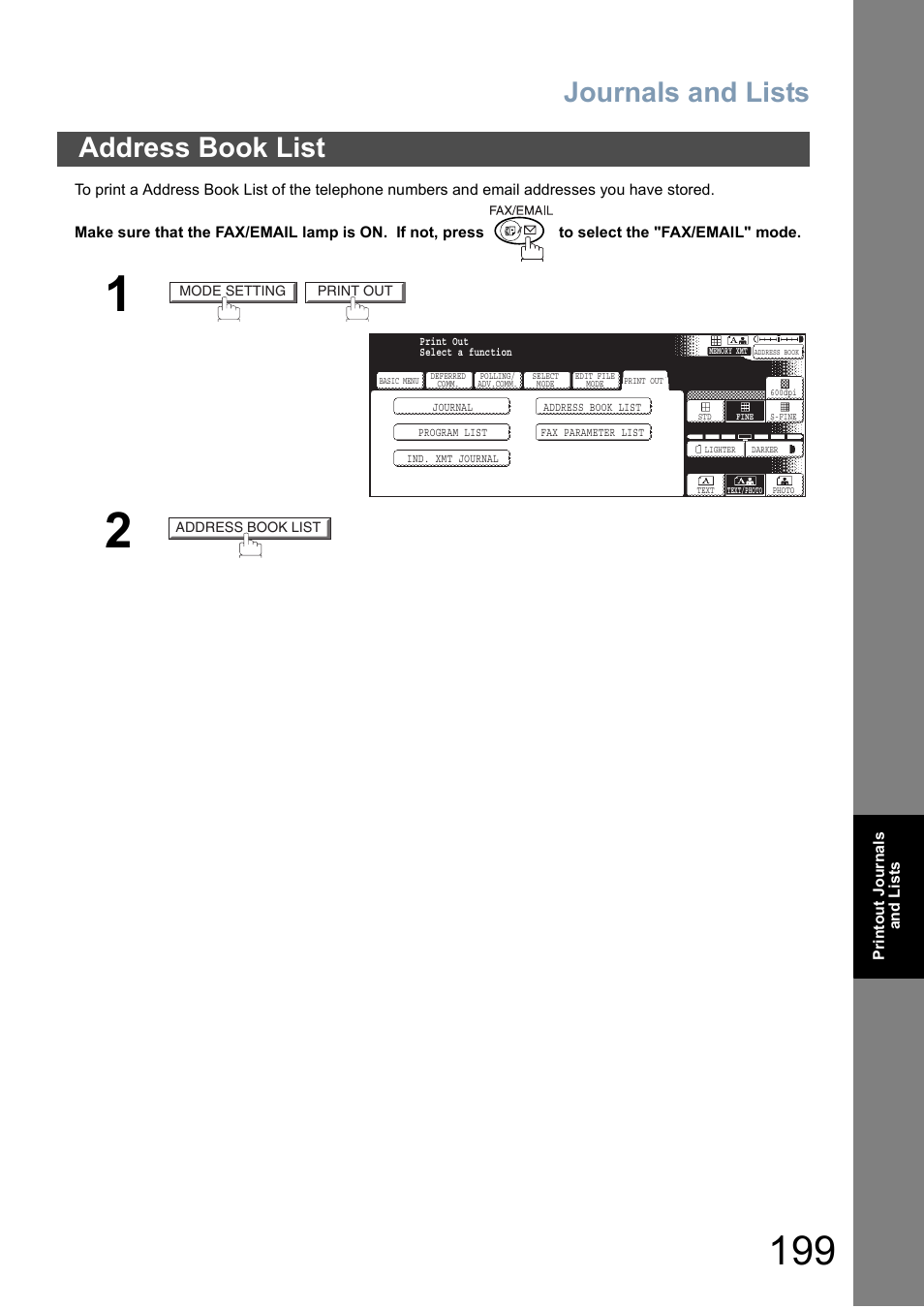 Address book list, Journals and lists | Panasonic DP-6010 User Manual | Page 199 / 228