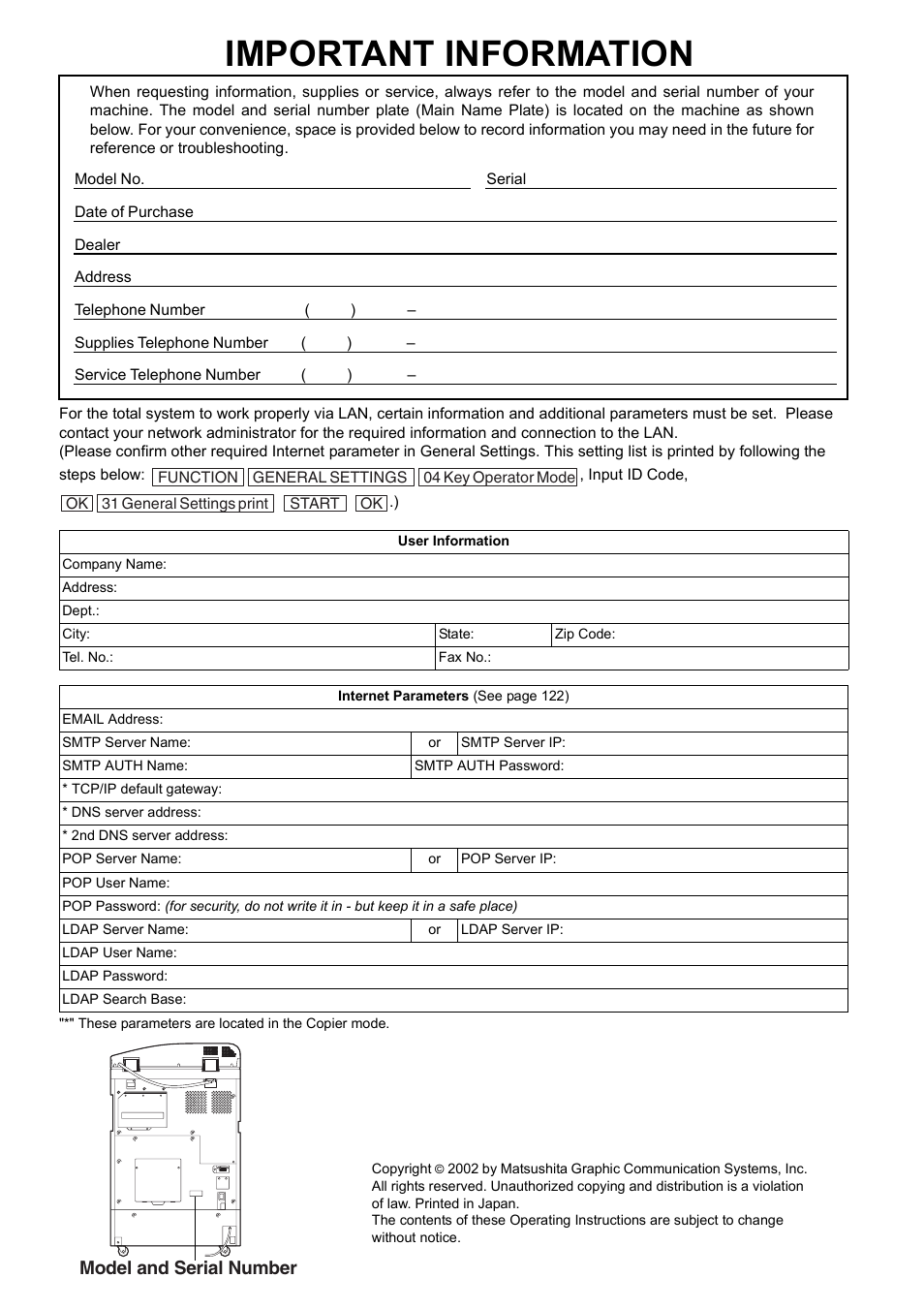 Important information, Model and serial number | Panasonic DP-6010 User Manual | Page 2 / 228