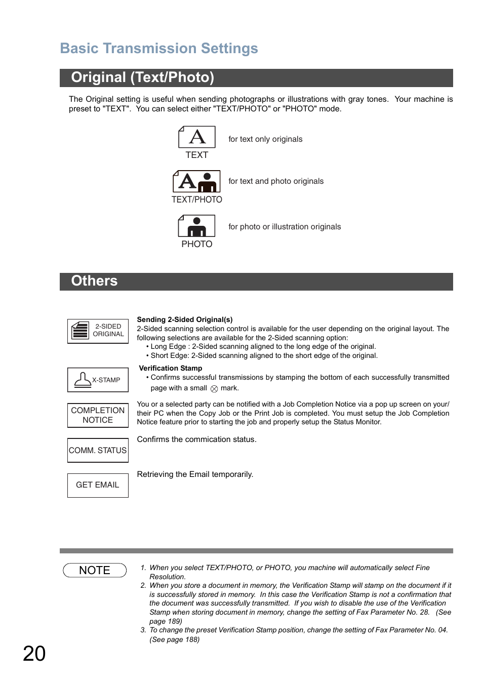 Original (text/photo), Others, Basic transmission settings | Original (text/photo) others | Panasonic DP-6010 User Manual | Page 20 / 228