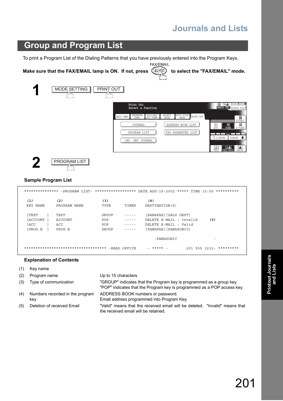 Group and program list, Journals and lists | Panasonic DP-6010 User Manual | Page 201 / 228