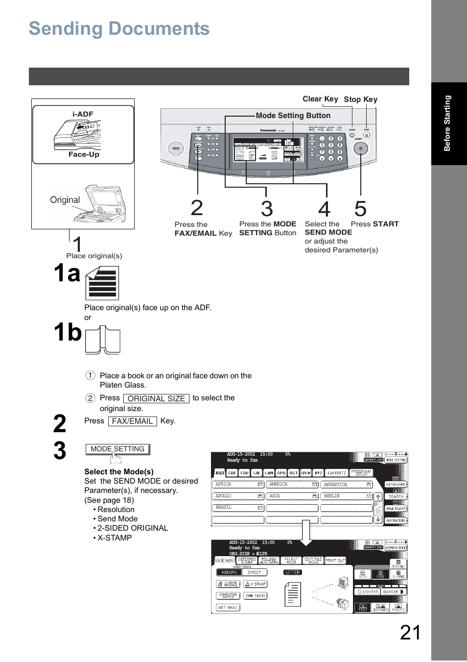 Sending documents | Panasonic DP-6010 User Manual | Page 21 / 228