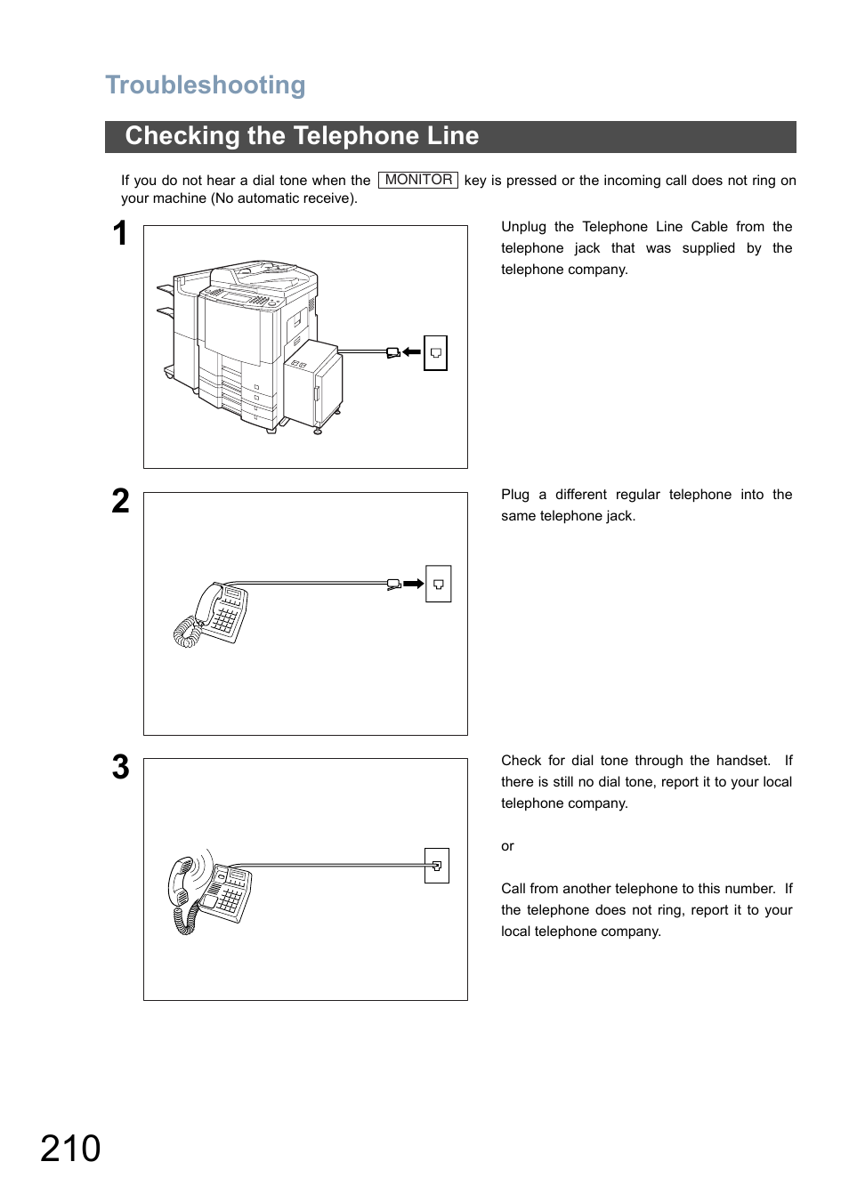 Checking the telephone line, Troubleshooting | Panasonic DP-6010 User Manual | Page 210 / 228