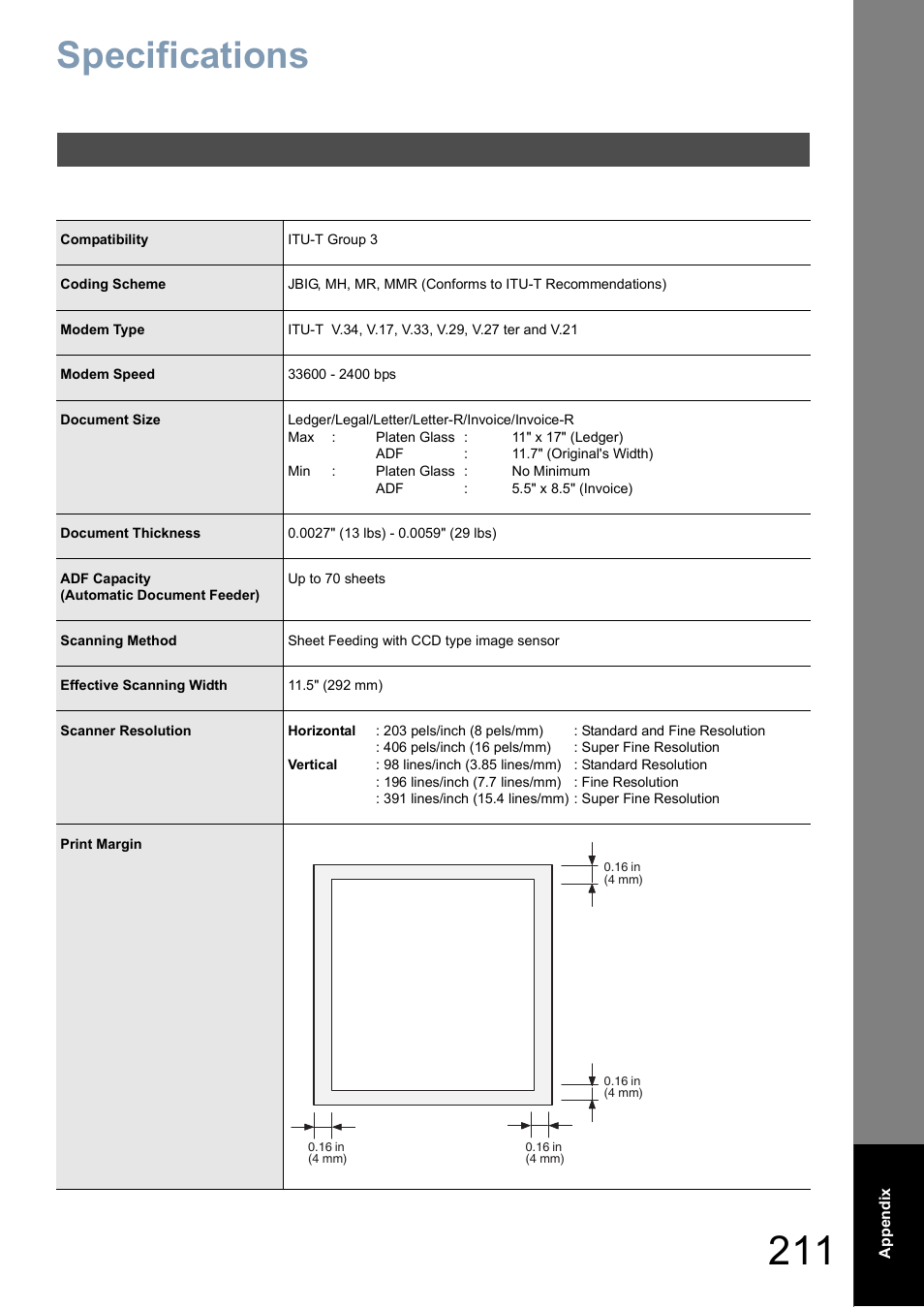 Appendix, Specifications | Panasonic DP-6010 User Manual | Page 211 / 228