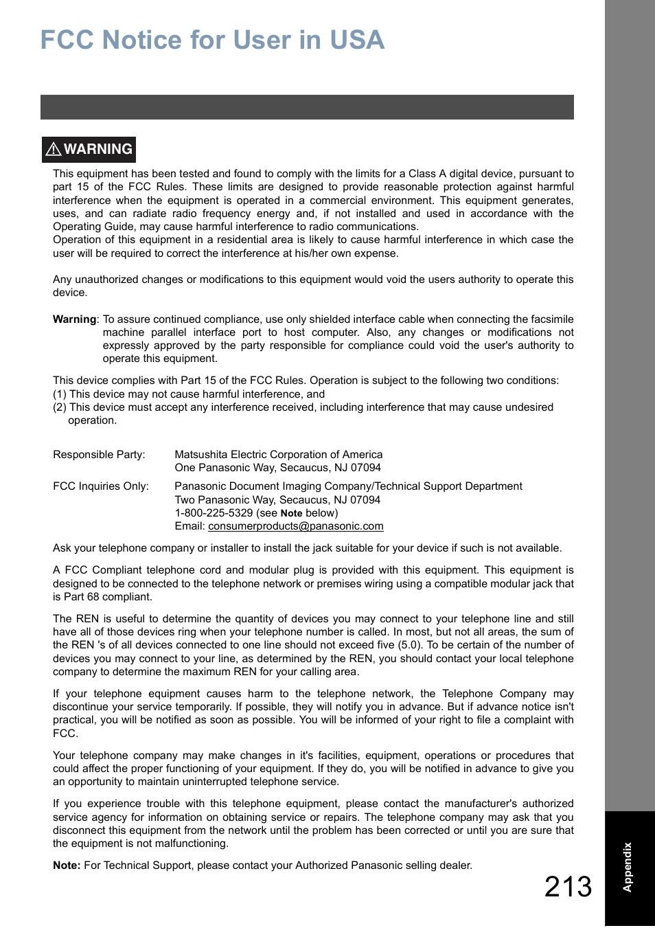 Fcc notice for user in usa | Panasonic DP-6010 User Manual | Page 213 / 228