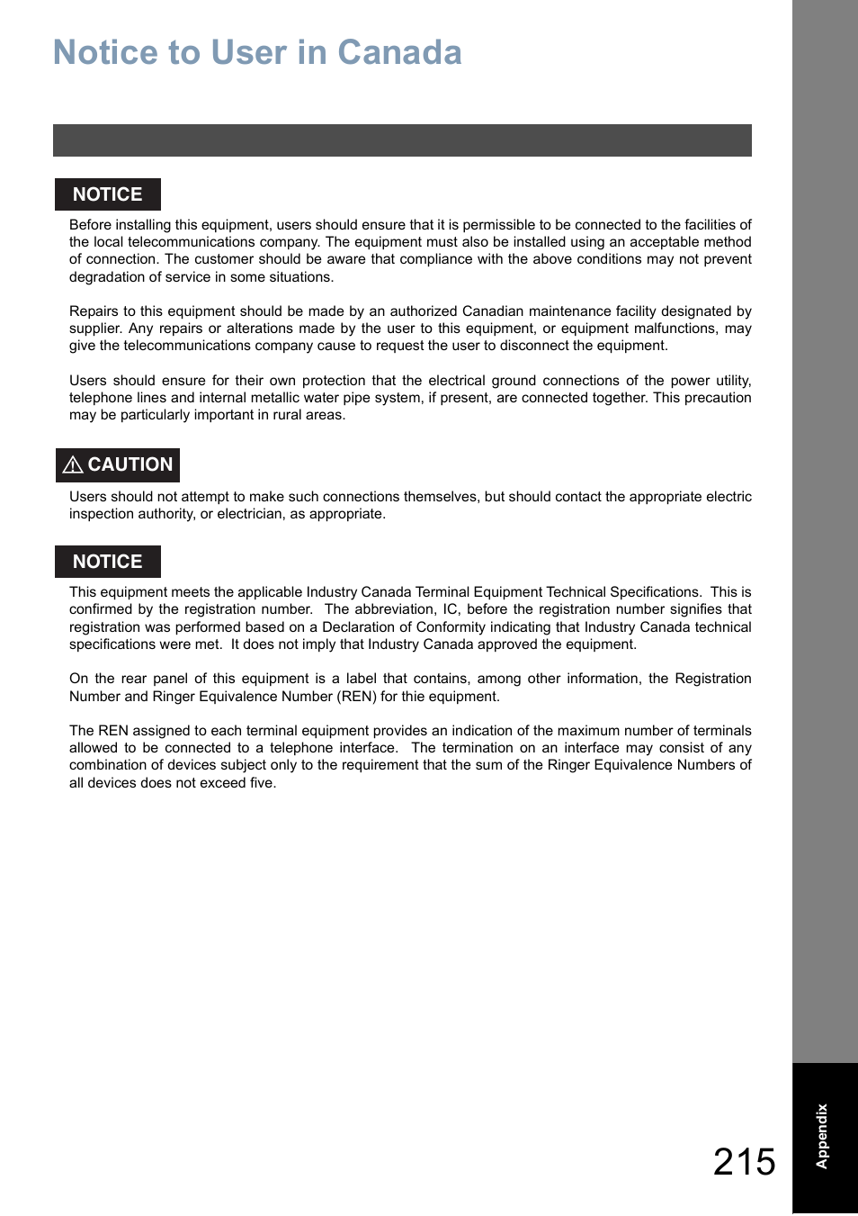 Notice to user in canada | Panasonic DP-6010 User Manual | Page 215 / 228