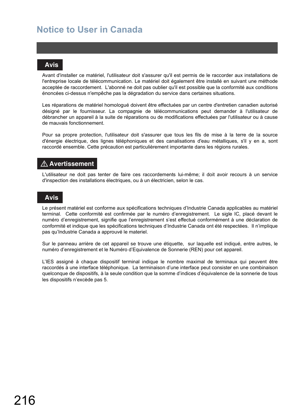 Notice to user in canada | Panasonic DP-6010 User Manual | Page 216 / 228