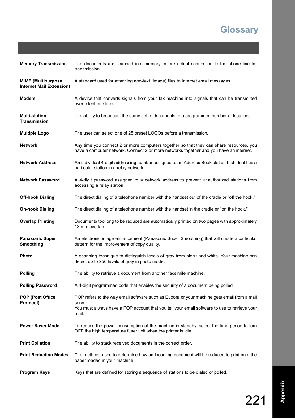 Glossary | Panasonic DP-6010 User Manual | Page 221 / 228