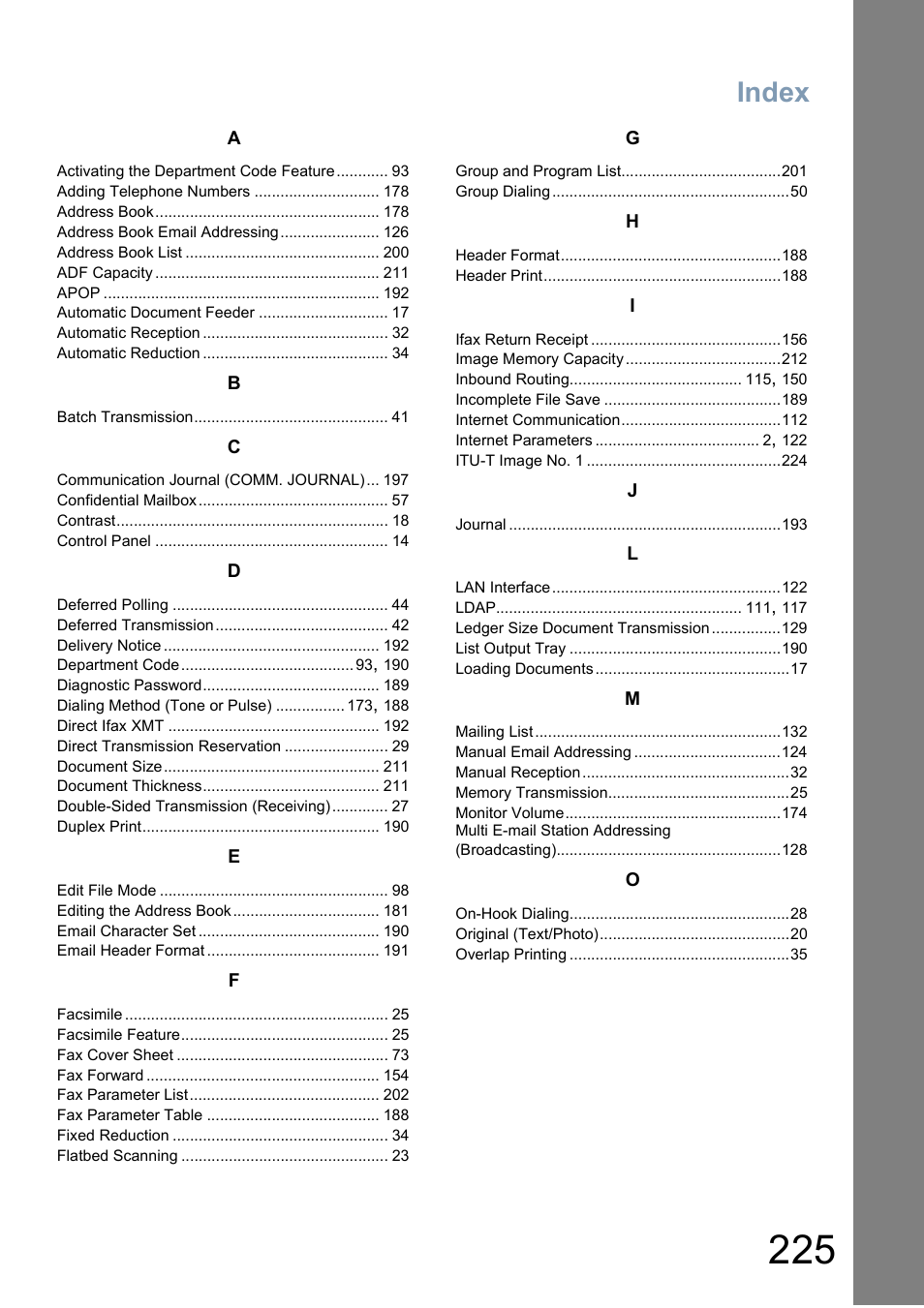 Index | Panasonic DP-6010 User Manual | Page 225 / 228