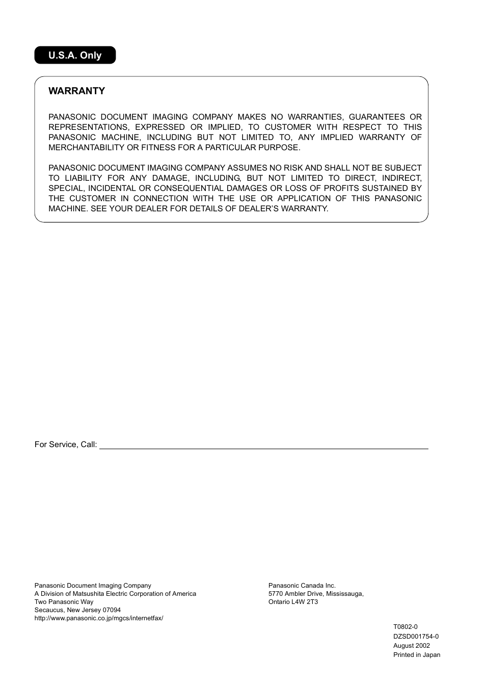 Warranty u.s.a. only | Panasonic DP-6010 User Manual | Page 228 / 228