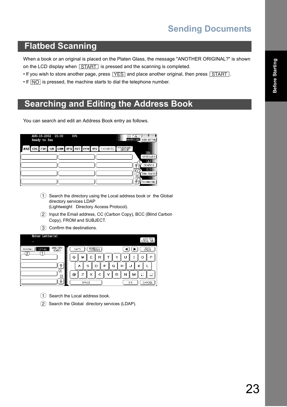 Flatbed scanning, Searching and editing the address book, Sending documents | Panasonic DP-6010 User Manual | Page 23 / 228