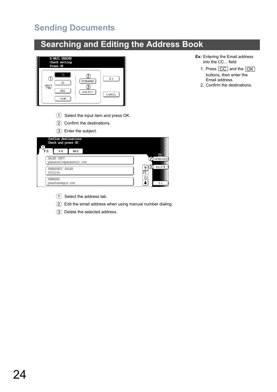 Sending documents, Searching and editing the address book | Panasonic DP-6010 User Manual | Page 24 / 228