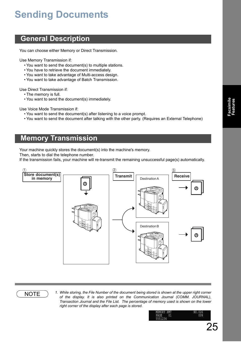 Facsimile features, Sending documents, General description | Memory transmission | Panasonic DP-6010 User Manual | Page 25 / 228